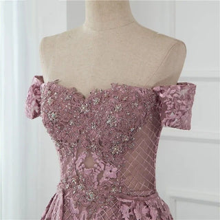 Pink Mermaid Elegant Evening Dress 2024 - Short Sleeve Flowers, Dubai Sexy Off-Shoulder Lace Crystal Gown