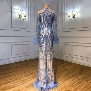 Blue Muslim Evening Dress: Detachable Skirt, Feathers, Beaded Luxury, and Mermaid Silhouette for Women's Party in 2024