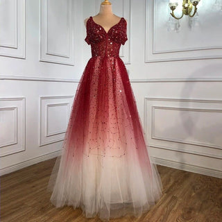 Arabic Gradual Change Red Evening Dresses Gowns 2024 - Luxury Beaded A-Line for Women's Wedding Party