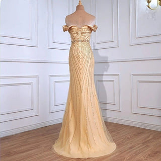 Gold Nude Mermaid Evening Dress - Sexy Off-Shoulder, Sparkly Diamond Embellishments, for 2024 Evening Events