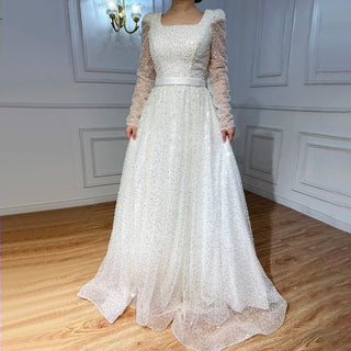 Muslim Ivory Luxury Wedding Dresses 2024 - A-Line Beaded Long Train Bride Gown