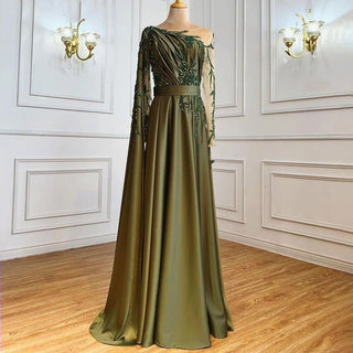 Arabic One Shoulder Olive Green Muslim Evening Dress with Cape: Long Sleeves Women Wedding Party Gowns Elegant Plus Size