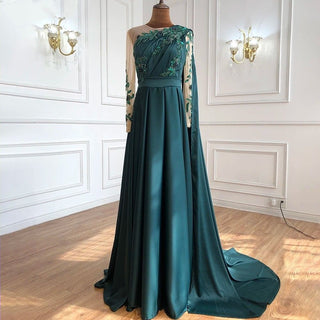 Arabic One Shoulder Olive Green Muslim Evening Dress with Cape: Long Sleeves Women Wedding Party Gowns Elegant Plus Size