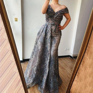 Charcoal Elegance: V-Neck Crystal-Adorned Grey A-Line Evening Gown 2024