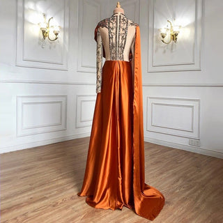 Luxury Arabic Orange Brown Long Sleeve Evening Dress with Cape: Dubai Beaded Elegant Women's Wedding Party Gown