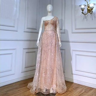 Blushing Elegance: One-Shoulder Evening Dress with Overskirt, Long Sleeve, and Luxury Beaded Mermaid Style - Perfect for Women's Weddings