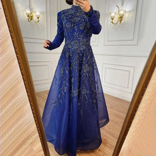 Luxury Dubai Navy Blue Muslim Evening Dress: Elegant Midi Arabic Formal Dress for Women's Wedding Party 2024