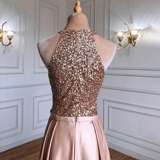 Golden Glamour: A-Line High Neck Sparkle Evening Dress with Tassel Beading