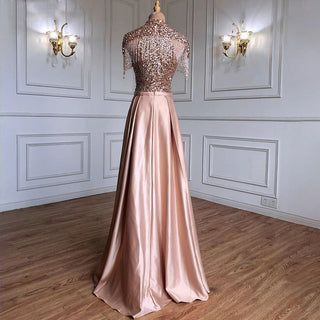 Golden Glamour: A-Line High Neck Sparkle Evening Dress with Tassel Beading