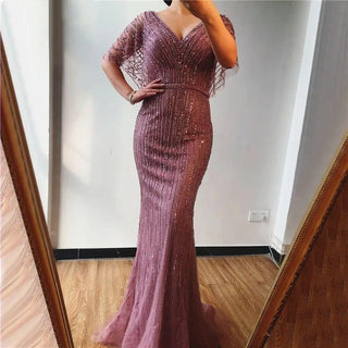 Champagne Dubai Luxury Half Sleeves Mermaid Evening Dress 2024 with Beading and Crystal Detailing