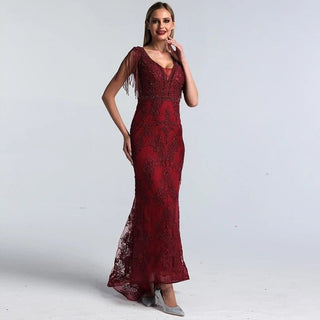 Burgundy Luxury Beaded Tassels Evening Gown 2024 Sexy V-Neck Sleeveless Formal Party Dress for Women