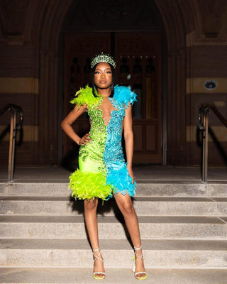 Vibrant Feathered Sequin Mini Dress with Bold Asymmetric Design