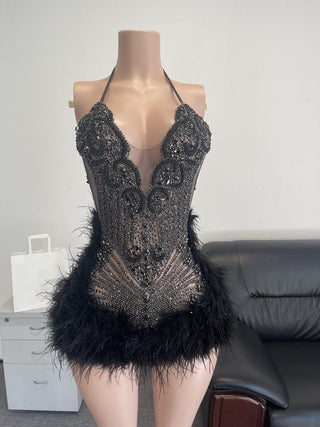 Ships in 1 to 3 Days - Glamorous Crystal Embellished Halter Mini Dress with Feather Trim