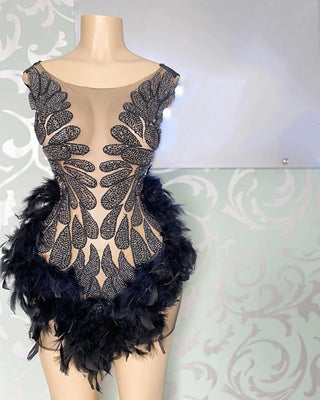 Glamorous Feather and Crystal Beaded Mini Dress with Sheer Panels