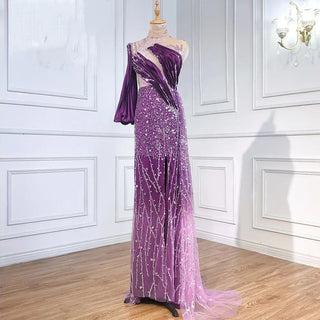 Purple Mermaid High Split Evening Dress 2024 | Beaded One-Shoulder Sexy Gown for Women's Party