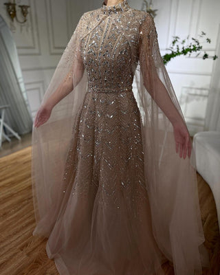 Ships in 1 to 3 Days - High-Neck Beaded Evening Gown with Sheer Cape Overlay - Luxury Floor-Length Formal Dress