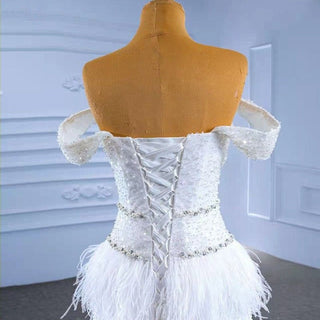 Chic Elegance: New-Style Ivory Off-Shoulder Cake Skirt Dress with Feather Accents for Women