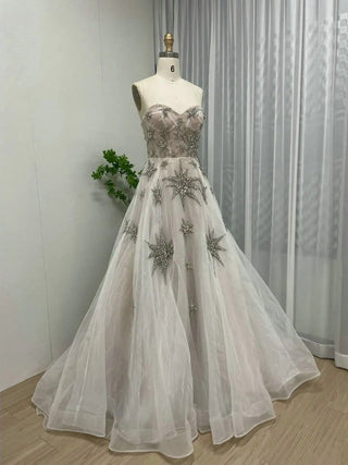 Ivory Crystal Rhinestone A-Line Birthday Party Gown - Luxury Strapless Open Back Arabic Tulle Evening Prom Dress