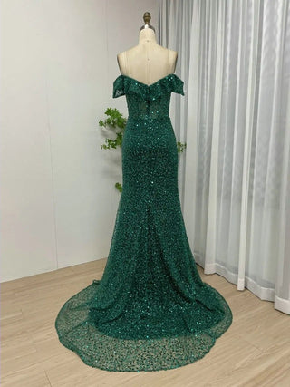 Exclusive Green Off-Shoulder Shiny Sequin Prom Dress - Sexy High Split Mermaid Evening Gown for Women’s Wedding Party 2024