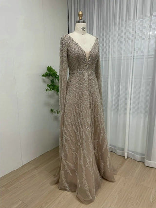 Ships in 1 to 3 Days - 2024 Arabic A-Line Evening Dress with Cape Sleeves - Luxury Beaded Formal Party Gown with Crystal Rhinestones