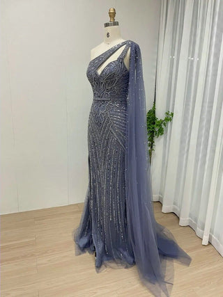 Ships in 1 to 3 Days - Sparkly Beaded Blue Mermaid Evening Gown with High Split and One Shoulder Cape Sleeve - Luxury Arabic Wedding Party Dress