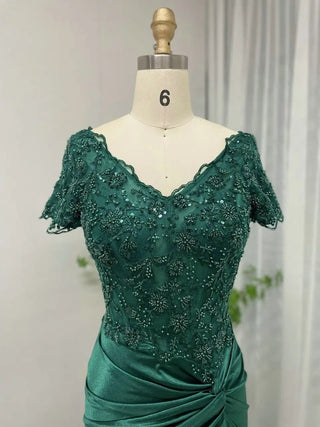 Ships in 1 to 3 Days - Luxury Beaded Lace Emerald Satin Prom Party Gown - 2024 New Arrival Modest V-Neck Short Sleeve Mother of the Bride Dress