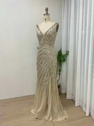 Ships in 1 to 3 Days - Gold Shiny Sequin Deep V-Neck Cocktail Dress - Luxury Beaded Mermaid High Slit Evening Gown for Prom and Graduation 2024