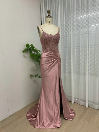 Ships in 1 to 3 Days - Pink Spaghetti Straps Beaded Appliqués Prom Dress - Sexy High Slit Mermaid Evening Gown for Women 2024