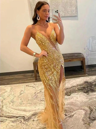 Ships in 1 to 3 Days - Exclusive Gold Slip High Slit Princess Gown for Girls - 2024 Beaded Mermaid Evening Party Dress for Special Events