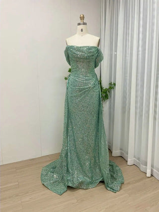 Ships in 1 to 3 Days - New Design Green Mermaid Evening Gown - Gorgeous Sequined Off-Shoulder Formal Dress for Women