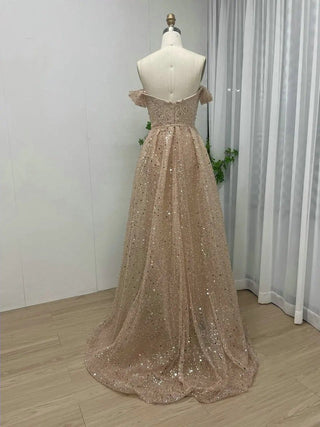 Ships in 1 to 3 Days - Stunning Gold Sequined High Split Mermaid Prom Dress - Off-Shoulder Evening Gown for Gala Special Events