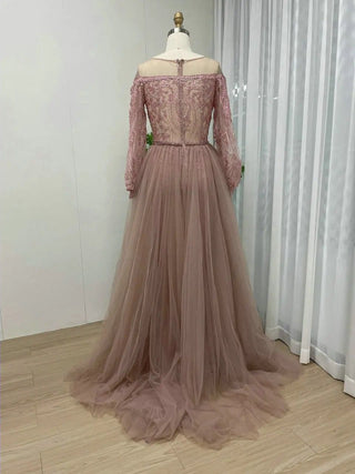 Ships in 1 to 3 Days - Elegant Long Sleeves Evening Gown for Women - 2024 Arabic Exclusive Beaded Scoop Neck Mother of the Bride Dress