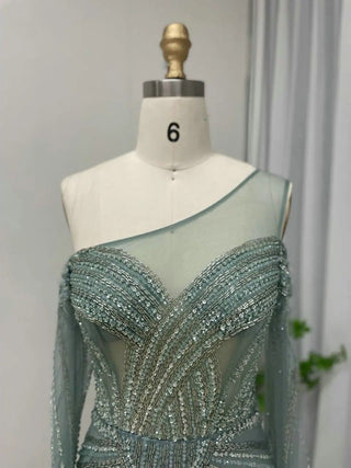 Dubai Green Luxury One-Shoulder Mermaid Evening Dress - Beaded Off-Shoulder Cape Sleeve Prom Gown for Wedding Guests