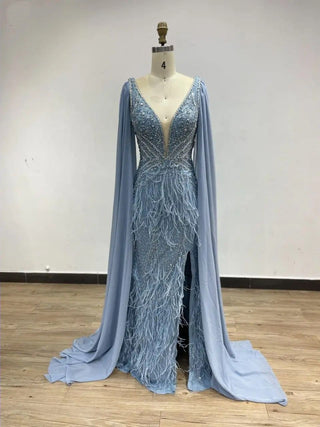 Ships in 1 to 3 Days - Gorgeous Blue High Slit Mermaid Evening Gown - 2024 Arabic Luxury Cape Sleeves with Beaded Feathers for Formal Parties