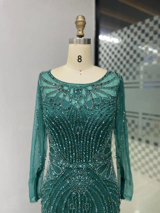 2024 Green Elegant Long Sleeves Muslim Evening Prom Dress - Luxury Mermaid Beaded Formal Party Gown in Dubai