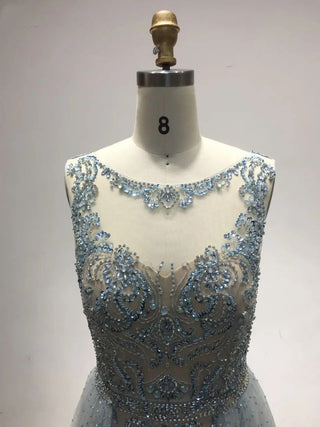 2024 Luxury Blue Mermaid Evening Gown - Beaded Formal Dress with Overskirt and Scoop Neck for Exclusive Weddings