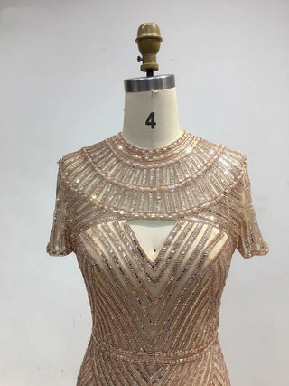 Ships in 1 to 3 Days - 2024 Haute Couture Gold Evening Gown - Scoop Neck Short Sleeves Mermaid Dress with Beading for Arabic Weddings and Celebrity Events