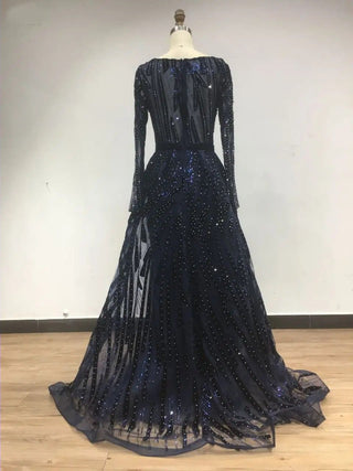 2024 Exclusive Navy Beaded Mermaid Evening Gown - Long Sleeves Wedding Party Dress with Belt for Muslim Women