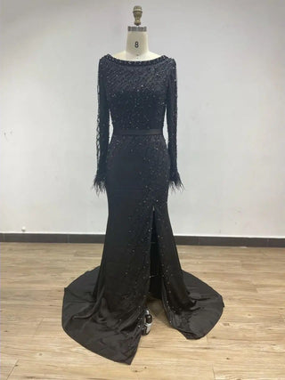 2024 Navy Long Sleeves Evening Gown - Stunning Beaded Dress with Feathers and High Split for Wedding Guests in Dubai