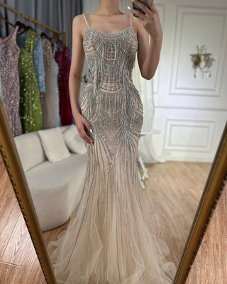 Ships in 1 to 3 Days - 2024 Silver Nude Spaghetti Strap Mermaid Evening Dress - Luxury Beaded Tassel Gown for Formal Occasions