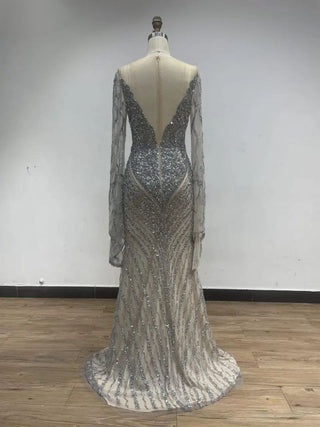 2024 Silver Long Sleeves Beaded Evening Gown - Elegant Arabic Haute Couture Mermaid Dress for Wedding Parties and Proms