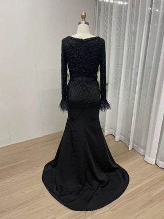 2024 Black Elegant Long Sleeves Muslim Evening Ball Gown - Gorgeous Beaded Feathers Mermaid Dress for Weddings and Parties