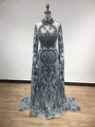 2024 Elegant Blue Cape Sleeves Muslim Evening Dress - Luxury Beaded Lace Mermaid Gown for Arabic Wedding Parties