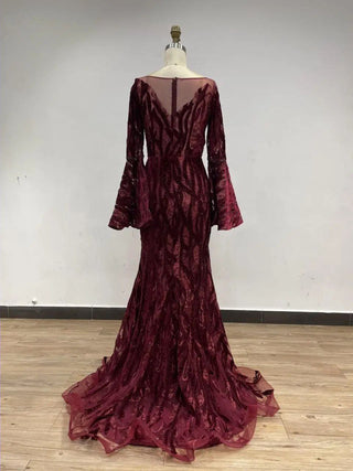 2024 Wine Mermaid Evening Gown - Luxury Beaded Muslim Wedding Guest Dress with Long Sleeves for Elegant Dubai Parties