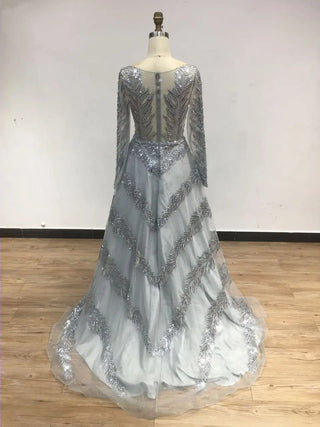 2024 Silver Elegant Long Sleeves Muslim Evening Prom Gown - Luxury Beaded A-Line Wedding Party Dress for Special Events