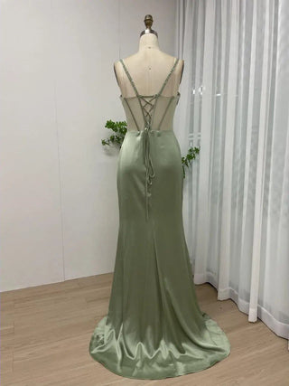 2024 Green High Split Mermaid Evening Dress - Sexy Beaded Slip Gown with Boning for Bridesmaids and Wedding Guests