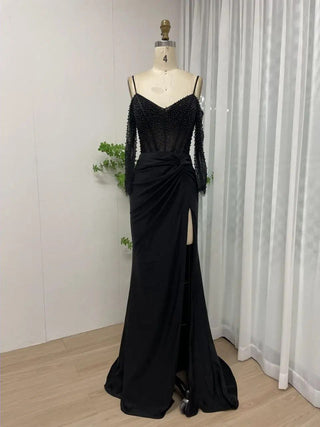 2024 Sexy Black High Slit Mermaid Evening Dress - Elegant Off-Shoulder Pleated Gown with Crystal Detailing for Prom and Graduation