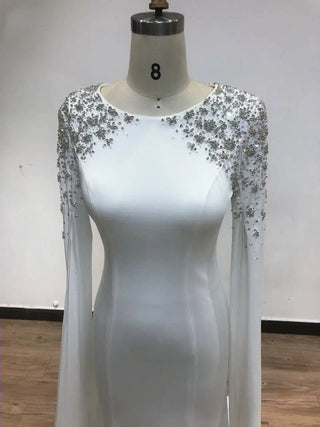 2024 Elegant White Mermaid Dress - Cape Sleeves Beaded Formal Gown for Women’s Celebrity Events and Muslim Weddings