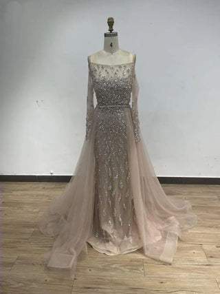 2024 Champagne Off-Shoulder Mermaid Evening Gown - Elegant Long Sleeves Beaded Dress for Women’s Celebrity Weddings and Parties