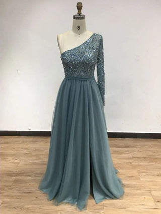 2024 Blue One-Shoulder Beaded Evening Dress - Exclusive A-Line Wedding Party Gown with Side Slit for Arabic Guests